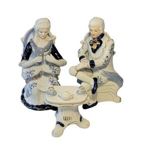 Vintage Blue and White Victorian Man & Lady Courting Figurines with Gold Trim